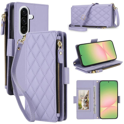 Crossbody Diamond 9 Card Slots Zipper Bag Vegan Leather Phone Case, For Galaxy A36 / A37 / A56 5G