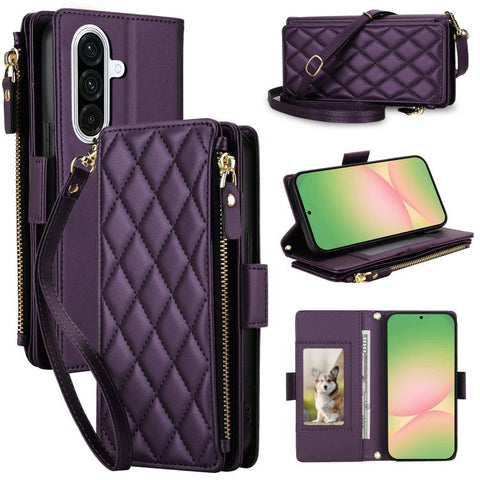 Crossbody Diamond 9 Card Slots Zipper Bag Vegan Leather Phone Case, For Galaxy A36 / A37 / A56 5G