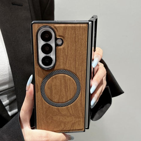 Wood Grain Magnetic PC Shockproof Phone Case, For Galaxy Z Fold7 5G, For Galaxy Z Fold6, For Galaxy Z Fold5, For Galaxy Z Fold4, For Galaxy Z Fold3 5G