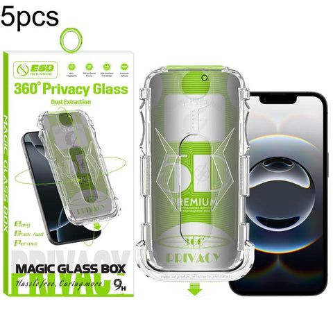 5pcs 5D Curved Easy Install Dust-proof Box 360 Privacy Tempered Glass Film, For iPhone 18 Pro, For iPhone 18 Pro Max, For iPhone 17e / 16e / 14 / 13 Pro, For iPhone 17 Pro Max, For iPhone 17 Pro, For iPhone 17 / 16 Pro, For iPhone Air                  ...