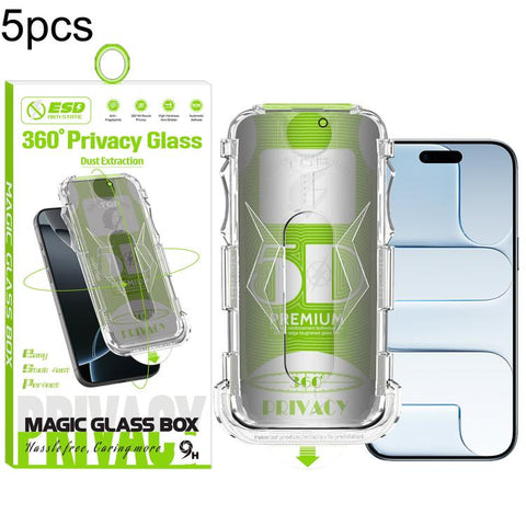 5pcs 5D Curved Easy Install Dust-proof Box 360 Privacy Tempered Glass Film, For iPhone 18 Pro, For iPhone 18 Pro Max, For iPhone 17e / 16e / 14 / 13 Pro, For iPhone 17 Pro Max, For iPhone 17 Pro, For iPhone 17 / 16 Pro, For iPhone Air                  ...
