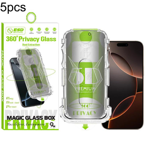 5pcs 5D Curved Easy Install Dust-proof Box 360 Privacy Tempered Glass Film, For iPhone 18 Pro, For iPhone 18 Pro Max, For iPhone 17e / 16e / 14 / 13 Pro, For iPhone 17 Pro Max, For iPhone 17 Pro, For iPhone 17 / 16 Pro, For iPhone Air                  ...