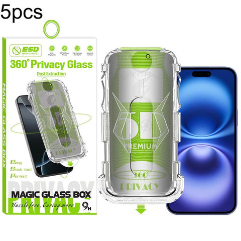 5pcs 5D Curved Easy Install Dust-proof Box 360 Privacy Tempered Glass Film, For iPhone 18 Pro, For iPhone 18 Pro Max, For iPhone 17e / 16e / 14 / 13 Pro, For iPhone 17 Pro Max, For iPhone 17 Pro, For iPhone 17 / 16 Pro, For iPhone Air                  ...