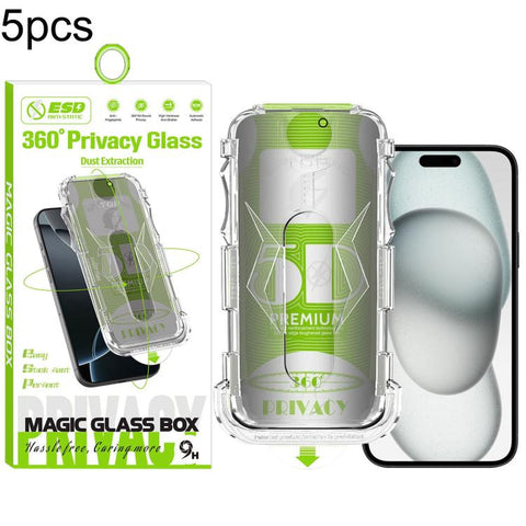 5pcs 5D Curved Easy Install Dust-proof Box 360 Privacy Tempered Glass Film, For iPhone 18 Pro, For iPhone 18 Pro Max, For iPhone 17e / 16e / 14 / 13 Pro, For iPhone 17 Pro Max, For iPhone 17 Pro, For iPhone 17 / 16 Pro, For iPhone Air                  ...