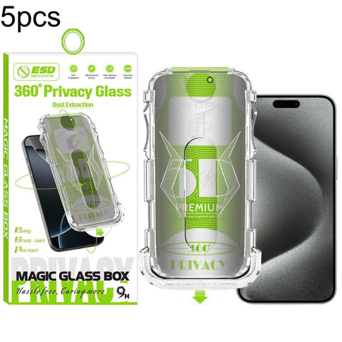 5pcs 5D Curved Easy Install Dust-proof Box 360 Privacy Tempered Glass Film, For iPhone 18 Pro, For iPhone 18 Pro Max, For iPhone 17e / 16e / 14 / 13 Pro, For iPhone 17 Pro Max, For iPhone 17 Pro, For iPhone 17 / 16 Pro, For iPhone Air                  ...