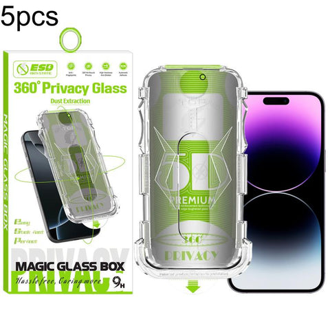 5pcs 5D Curved Easy Install Dust-proof Box 360 Privacy Tempered Glass Film, For iPhone 18 Pro, For iPhone 18 Pro Max, For iPhone 17e / 16e / 14 / 13 Pro, For iPhone 17 Pro Max, For iPhone 17 Pro, For iPhone 17 / 16 Pro, For iPhone Air                  ...