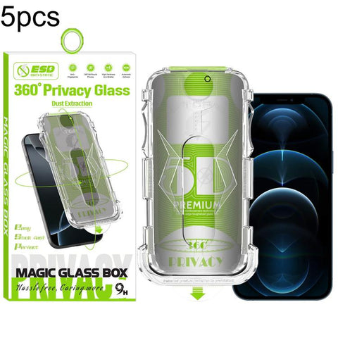 5pcs 5D Curved Easy Install Dust-proof Box 360 Privacy Tempered Glass Film, For iPhone 18 Pro, For iPhone 18 Pro Max, For iPhone 17e / 16e / 14 / 13 Pro, For iPhone 17 Pro Max, For iPhone 17 Pro, For iPhone 17 / 16 Pro, For iPhone Air                  ...