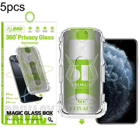 5pcs 5D Curved Easy Install Dust-proof Box 360 Privacy Tempered Glass Film, For iPhone 18 Pro, For iPhone 18 Pro Max, For iPhone 17e / 16e / 14 / 13 Pro, For iPhone 17 Pro Max, For iPhone 17 Pro, For iPhone 17 / 16 Pro, For iPhone Air                  ...