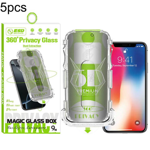 5pcs 5D Curved Easy Install Dust-proof Box 360 Privacy Tempered Glass Film, For iPhone 18 Pro, For iPhone 18 Pro Max, For iPhone 17e / 16e / 14 / 13 Pro, For iPhone 17 Pro Max, For iPhone 17 Pro, For iPhone 17 / 16 Pro, For iPhone Air                  ...