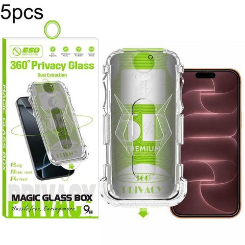 5pcs 5D Curved Easy Install Dust-proof Box 360 Privacy Tempered Glass Film, For iPhone 18 Pro, For iPhone 18 Pro Max, For iPhone 17e / 16e / 14 / 13 Pro, For iPhone 17 Pro Max, For iPhone 17 Pro, For iPhone 17 / 16 Pro, For iPhone Air                  ...