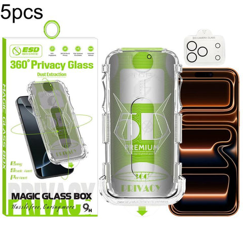 5pcs 5D Curved Easy Install Dust-proof Box 360 Privacy Tempered Glass Film with Lens Film, For iPhone 18 Pro, For iPhone 18 Pro Max, For iPhone 17e / 16e, For iPhone 17 Pro Max, For iPhone 17 Pro, For iPhone 17, For iPhone Air, For iPhone 16 Pro Max   ...