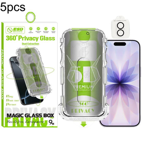 5pcs 5D Curved Easy Install Dust-proof Box 360 Privacy Tempered Glass Film with Lens Film, For iPhone 18 Pro, For iPhone 18 Pro Max, For iPhone 17e / 16e, For iPhone 17 Pro Max, For iPhone 17 Pro, For iPhone 17, For iPhone Air, For iPhone 16 Pro Max   ...