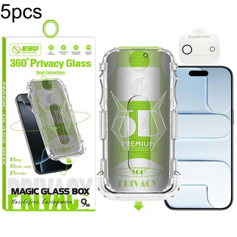 5pcs 5D Curved Easy Install Dust-proof Box 360 Privacy Tempered Glass Film with Lens Film, For iPhone 18 Pro, For iPhone 18 Pro Max, For iPhone 17e / 16e, For iPhone 17 Pro Max, For iPhone 17 Pro, For iPhone 17, For iPhone Air, For iPhone 16 Pro Max   ...