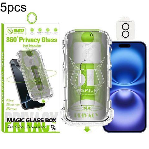 5pcs 5D Curved Easy Install Dust-proof Box 360 Privacy Tempered Glass Film with Lens Film, For iPhone 18 Pro, For iPhone 18 Pro Max, For iPhone 17e / 16e, For iPhone 17 Pro Max, For iPhone 17 Pro, For iPhone 17, For iPhone Air, For iPhone 16 Pro Max   ...