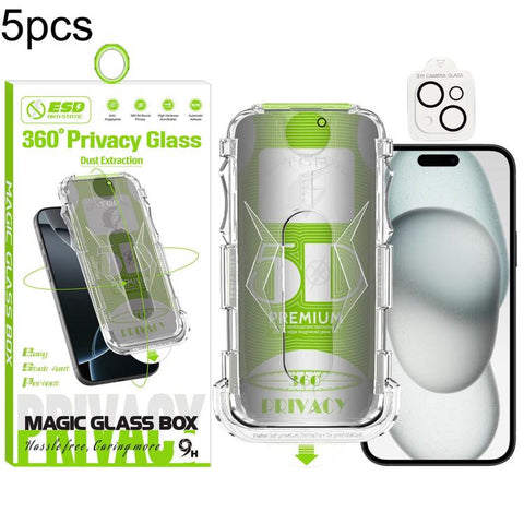 5pcs 5D Curved Easy Install Dust-proof Box 360 Privacy Tempered Glass Film with Lens Film, For iPhone 18 Pro, For iPhone 18 Pro Max, For iPhone 17e / 16e, For iPhone 17 Pro Max, For iPhone 17 Pro, For iPhone 17, For iPhone Air, For iPhone 16 Pro Max   ...