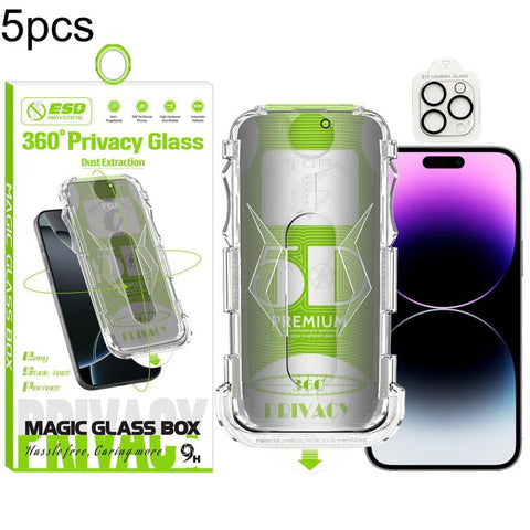 5pcs 5D Curved Easy Install Dust-proof Box 360 Privacy Tempered Glass Film with Lens Film, For iPhone 18 Pro, For iPhone 18 Pro Max, For iPhone 17e / 16e, For iPhone 17 Pro Max, For iPhone 17 Pro, For iPhone 17, For iPhone Air, For iPhone 16 Pro Max   ...