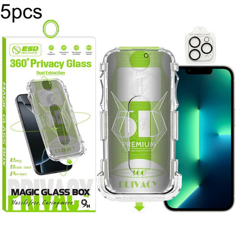 5pcs 5D Curved Easy Install Dust-proof Box 360 Privacy Tempered Glass Film with Lens Film, For iPhone 18 Pro, For iPhone 18 Pro Max, For iPhone 17e / 16e, For iPhone 17 Pro Max, For iPhone 17 Pro, For iPhone 17, For iPhone Air, For iPhone 16 Pro Max   ...