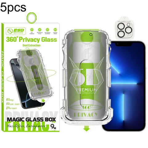 5pcs 5D Curved Easy Install Dust-proof Box 360 Privacy Tempered Glass Film with Lens Film, For iPhone 18 Pro, For iPhone 18 Pro Max, For iPhone 17e / 16e, For iPhone 17 Pro Max, For iPhone 17 Pro, For iPhone 17, For iPhone Air, For iPhone 16 Pro Max   ...