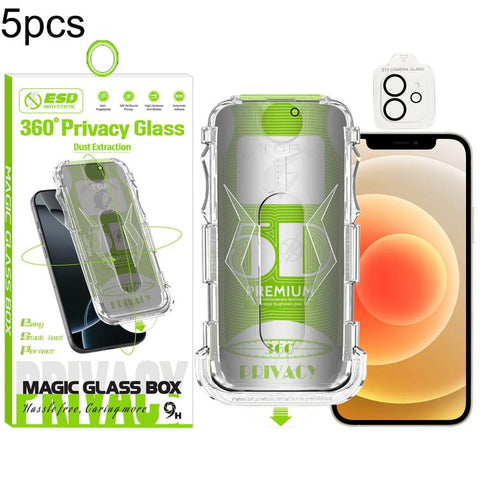 5pcs 5D Curved Easy Install Dust-proof Box 360 Privacy Tempered Glass Film with Lens Film, For iPhone 18 Pro, For iPhone 18 Pro Max, For iPhone 17e / 16e, For iPhone 17 Pro Max, For iPhone 17 Pro, For iPhone 17, For iPhone Air, For iPhone 16 Pro Max   ...