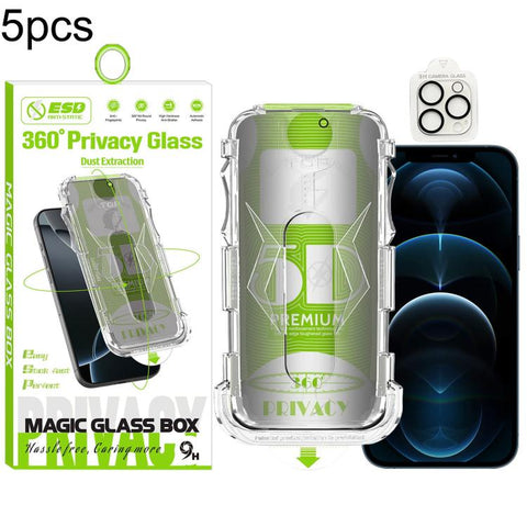 5pcs 5D Curved Easy Install Dust-proof Box 360 Privacy Tempered Glass Film with Lens Film, For iPhone 18 Pro, For iPhone 18 Pro Max, For iPhone 17e / 16e, For iPhone 17 Pro Max, For iPhone 17 Pro, For iPhone 17, For iPhone Air, For iPhone 16 Pro Max   ...