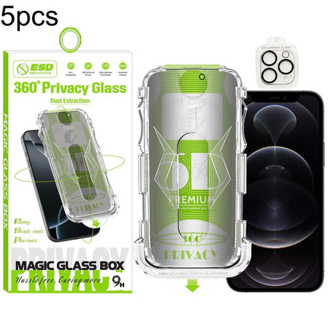 5pcs 5D Curved Easy Install Dust-proof Box 360 Privacy Tempered Glass Film with Lens Film, For iPhone 18 Pro, For iPhone 18 Pro Max, For iPhone 17e / 16e, For iPhone 17 Pro Max, For iPhone 17 Pro, For iPhone 17, For iPhone Air, For iPhone 16 Pro Max   ...
