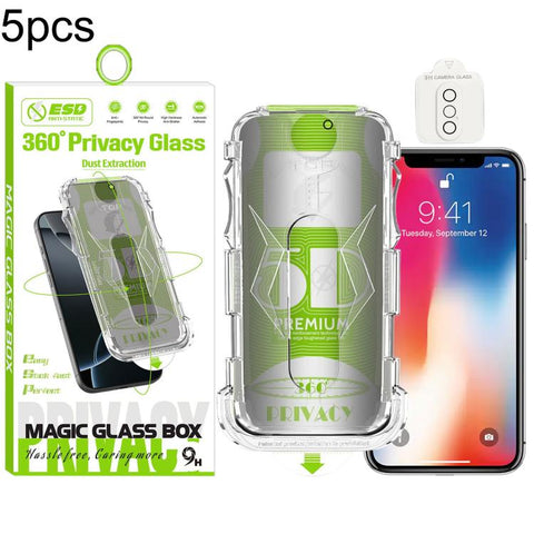 5pcs 5D Curved Easy Install Dust-proof Box 360 Privacy Tempered Glass Film with Lens Film, For iPhone 18 Pro, For iPhone 18 Pro Max, For iPhone 17e / 16e, For iPhone 17 Pro Max, For iPhone 17 Pro, For iPhone 17, For iPhone Air, For iPhone 16 Pro Max   ...