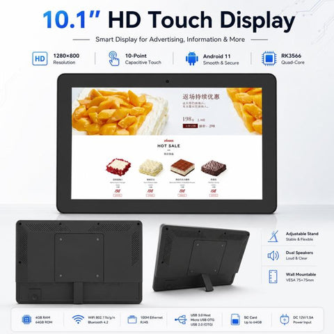WF1036T 10.1 inch HD Touch Screen Digital Signage, 2GB+16GB, Android 11 RK3566 Quad Core, EU Plug, US Plug, UK Plug