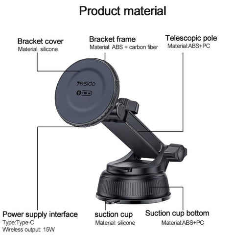 Yesido C321 15W Car Suction Cup Magnetic Wireless Fast Charging Phone Holder, C321