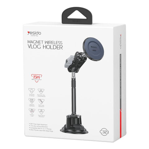 Yesido C323 15W Car Suction Cup Strong Magnetic Wireless Fast Charging Phone Shooting Holder Long Version, C323