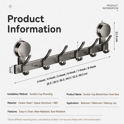 No-drill Door Back Vacuum Suction Cup Hooks Storage Rack, Upgraded Single Row 3-hook, Upgraded Single Row 4-hook, Upgraded Single Row 5-hook, Upgraded Single Row 6-hook, Upgraded Single Row 7-hook, Upgraded Single Row 8-hook, Upgraded Double Row 3-hook...