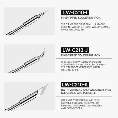 LUOWEI LW-C210 Series Lead Free Soldering Iron Tip for 210 / T26 Series Soldering Station, LW-C210-I, LW-C210-J, LW-C210-K