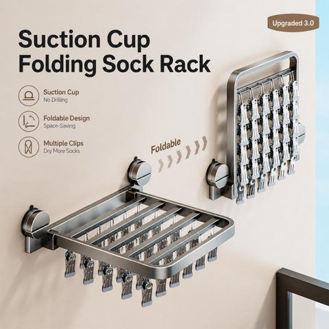 No-drill Vacuum Suction Cup Multi-Clip Folding Balcony Underwear Drying Rack, 18 Clips, 24 Clips, 30 Clips