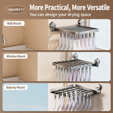 No-drill Vacuum Suction Cup Multi-Clip Folding Balcony Underwear Drying Rack, 18 Clips, 24 Clips, 30 Clips