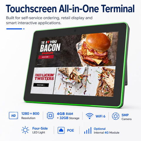 WA1059T 10.1 inch HD Touch Screen Digital Signage with Light, 4GB+32GB, Android 14 RK3576S Quad Core, US Plug, EU Plug, UK Plug