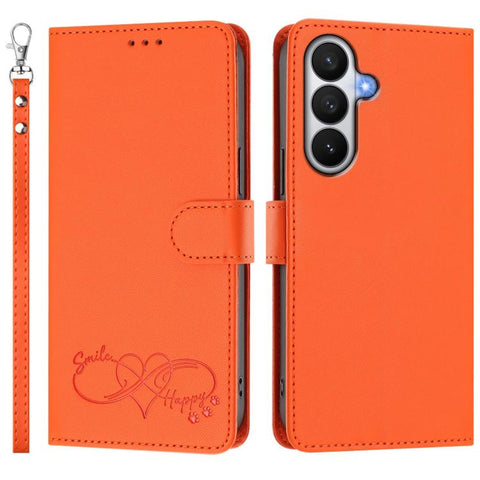 Happy Heart Pattern Magnetic Closure Vegan Leather Phone Case with Wrist Strap, For Galaxy S26 5G, For Galaxy S25 FE 5G, For Galaxy S25 Edge 5G, For Galaxy S25 / S24 5G