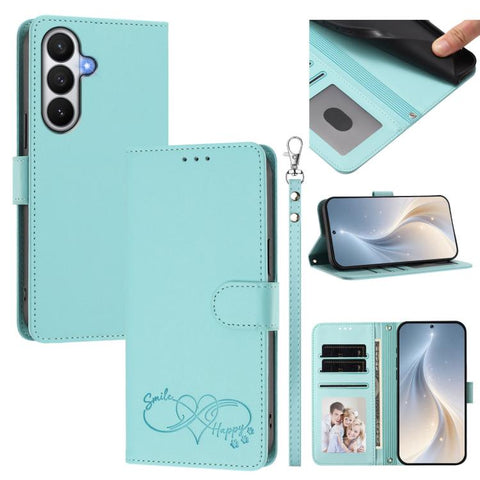 Happy Heart Pattern Magnetic Closure Vegan Leather Phone Case with Wrist Strap, For Galaxy S26 5G, For Galaxy S25 FE 5G, For Galaxy S25 Edge 5G, For Galaxy S25 / S24 5G