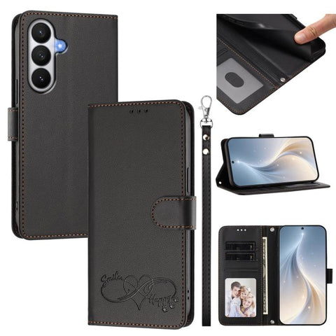 Happy Heart Pattern Magnetic Closure Vegan Leather Phone Case with Wrist Strap, For Galaxy S26 5G, For Galaxy S25 FE 5G, For Galaxy S25 Edge 5G, For Galaxy S25 / S24 5G