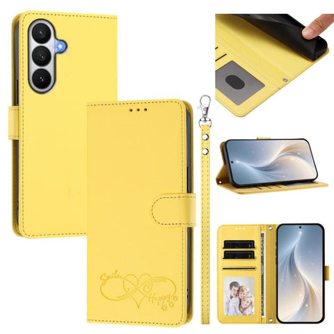 Happy Heart Pattern Magnetic Closure Vegan Leather Phone Case with Wrist Strap, For Galaxy S26 5G, For Galaxy S25 FE 5G, For Galaxy S25 Edge 5G, For Galaxy S25 / S24 5G