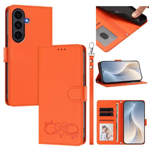 Happy Heart Pattern Magnetic Closure Vegan Leather Phone Case with Wrist Strap, For Galaxy S26 5G, For Galaxy S25 FE 5G, For Galaxy S25 Edge 5G, For Galaxy S25 / S24 5G