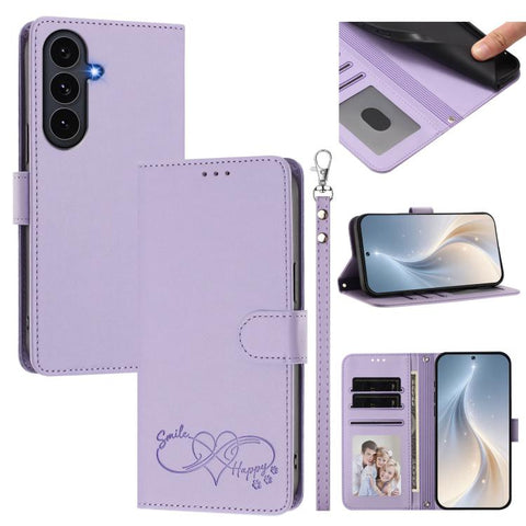 Happy Heart Pattern Magnetic Closure Vegan Leather Phone Case with Wrist Strap, For Galaxy S26 5G, For Galaxy S25 FE 5G, For Galaxy S25 Edge 5G, For Galaxy S25 / S24 5G