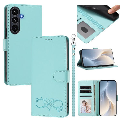 Happy Heart Pattern Magnetic Closure Vegan Leather Phone Case with Wrist Strap, For Galaxy S26 5G, For Galaxy S25 FE 5G, For Galaxy S25 Edge 5G, For Galaxy S25 / S24 5G