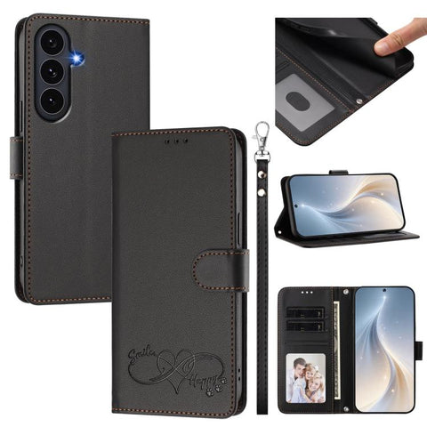 Happy Heart Pattern Magnetic Closure Vegan Leather Phone Case with Wrist Strap, For Galaxy S26 5G, For Galaxy S25 FE 5G, For Galaxy S25 Edge 5G, For Galaxy S25 / S24 5G