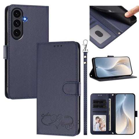 Happy Heart Pattern Magnetic Closure Vegan Leather Phone Case with Wrist Strap, For Galaxy S26 5G, For Galaxy S25 FE 5G, For Galaxy S25 Edge 5G, For Galaxy S25 / S24 5G