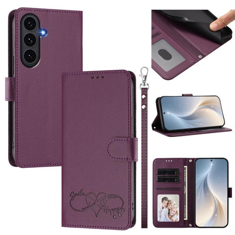 Happy Heart Pattern Magnetic Closure Vegan Leather Phone Case with Wrist Strap, For Galaxy S26 5G, For Galaxy S25 FE 5G, For Galaxy S25 Edge 5G, For Galaxy S25 / S24 5G