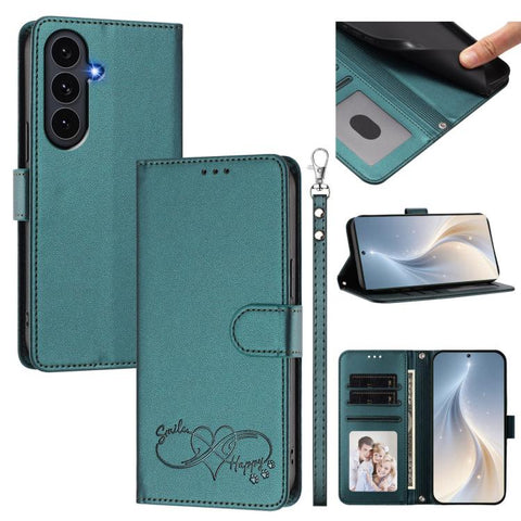 Happy Heart Pattern Magnetic Closure Vegan Leather Phone Case with Wrist Strap, For Galaxy S26 5G, For Galaxy S25 FE 5G, For Galaxy S25 Edge 5G, For Galaxy S25 / S24 5G