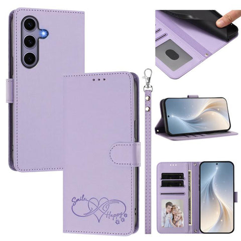 Happy Heart Pattern Magnetic Closure Vegan Leather Phone Case with Wrist Strap, For Galaxy S26 5G, For Galaxy S25 FE 5G, For Galaxy S25 Edge 5G, For Galaxy S25 / S24 5G