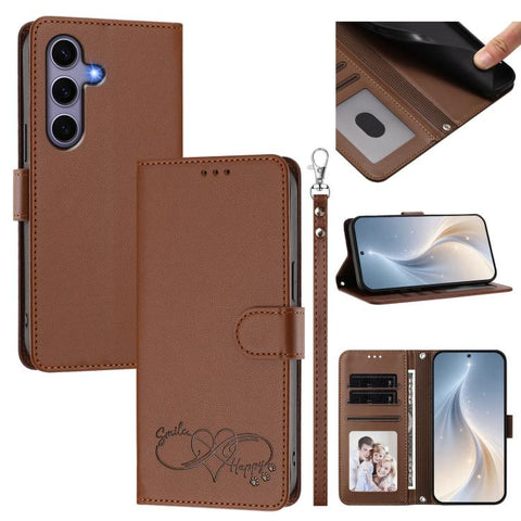 Happy Heart Pattern Magnetic Closure Vegan Leather Phone Case with Wrist Strap, For Galaxy S26 5G, For Galaxy S25 FE 5G, For Galaxy S25 Edge 5G, For Galaxy S25 / S24 5G