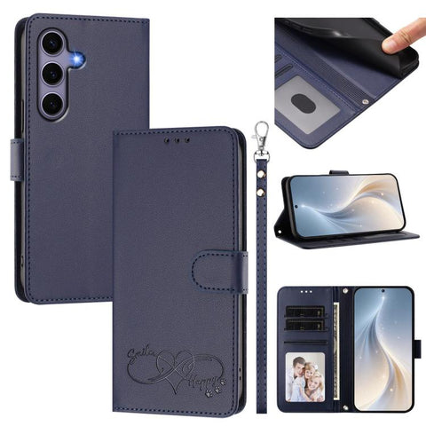Happy Heart Pattern Magnetic Closure Vegan Leather Phone Case with Wrist Strap, For Galaxy S26 5G, For Galaxy S25 FE 5G, For Galaxy S25 Edge 5G, For Galaxy S25 / S24 5G
