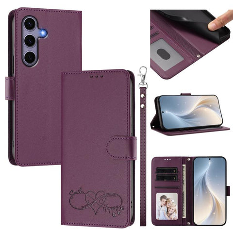 Happy Heart Pattern Magnetic Closure Vegan Leather Phone Case with Wrist Strap, For Galaxy S26 5G, For Galaxy S25 FE 5G, For Galaxy S25 Edge 5G, For Galaxy S25 / S24 5G