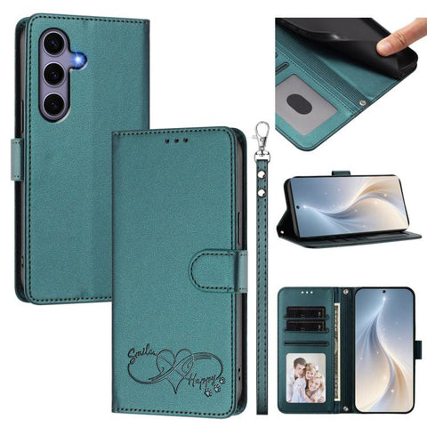 Happy Heart Pattern Magnetic Closure Vegan Leather Phone Case with Wrist Strap, For Galaxy S26 5G, For Galaxy S25 FE 5G, For Galaxy S25 Edge 5G, For Galaxy S25 / S24 5G